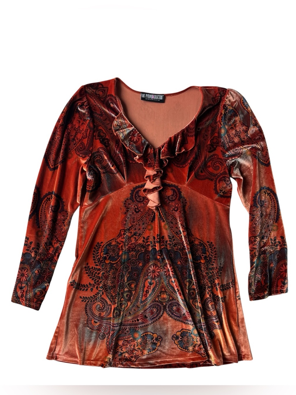 VINTAGE THE PYRAMID COLLECTION ORANGE VELVET TUNIC WOMENS M / L BOHO ARTSY